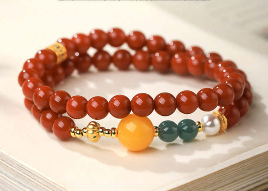 Natural Nanhong Agate Double-Strand Bracelet with Amber & Blue Jade Fortune Beads - ZENHIMA