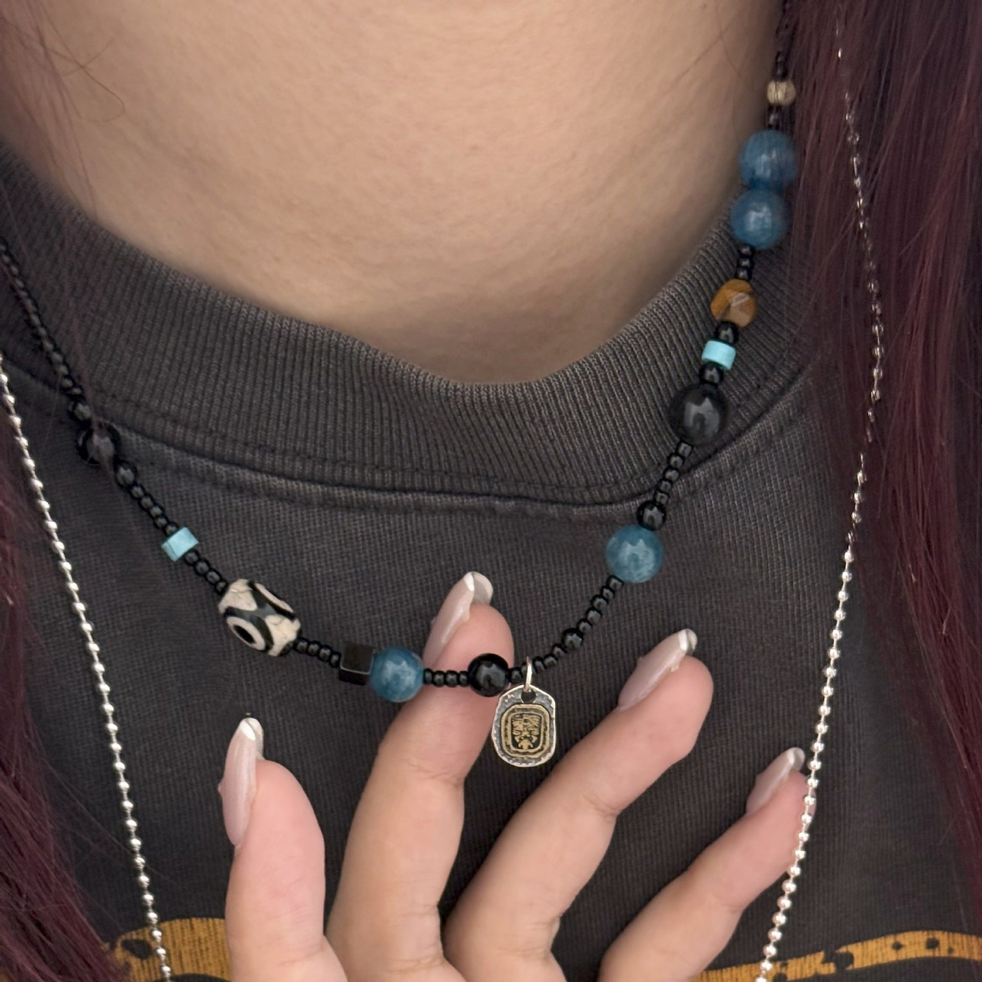 Tibetan S925 Silver Jachiram Pendant Necklace with Apatite, Black Agate and Dzi Beads - ZENHIMA