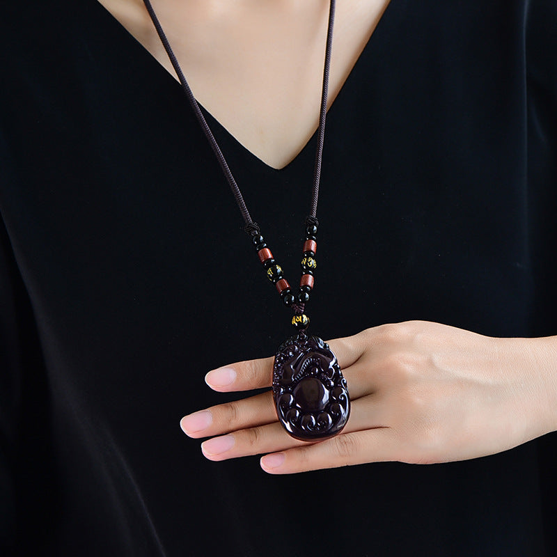 Natural Rainbow Eye Obsidian Dragon Ball Pixiu Pendant Necklace for Men and Women Vintage Trendy - ZENHIMA