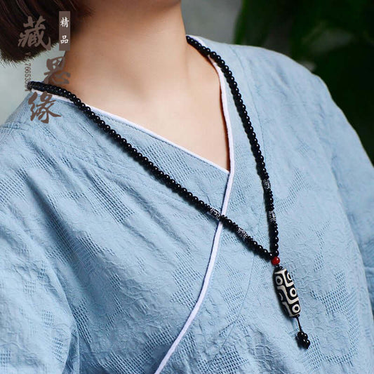 Tibetan Nine-Eyed Dzi Bead Pendant with Prayer Beads - ZENHIMA