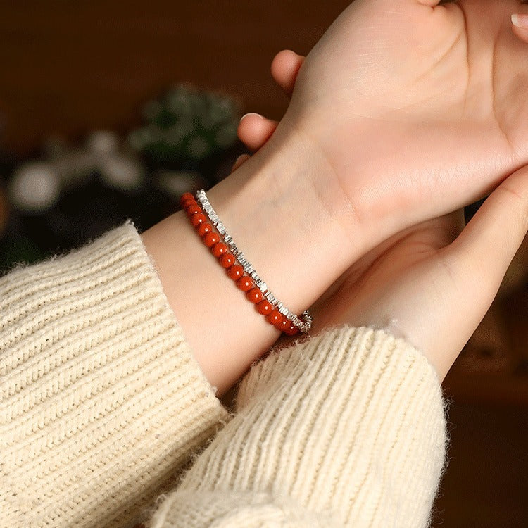 Natural Liangshan Nanhong Agate Single-Strand Bracelet – Small Beads, Cherry Red, Unisex - ZENHIMA