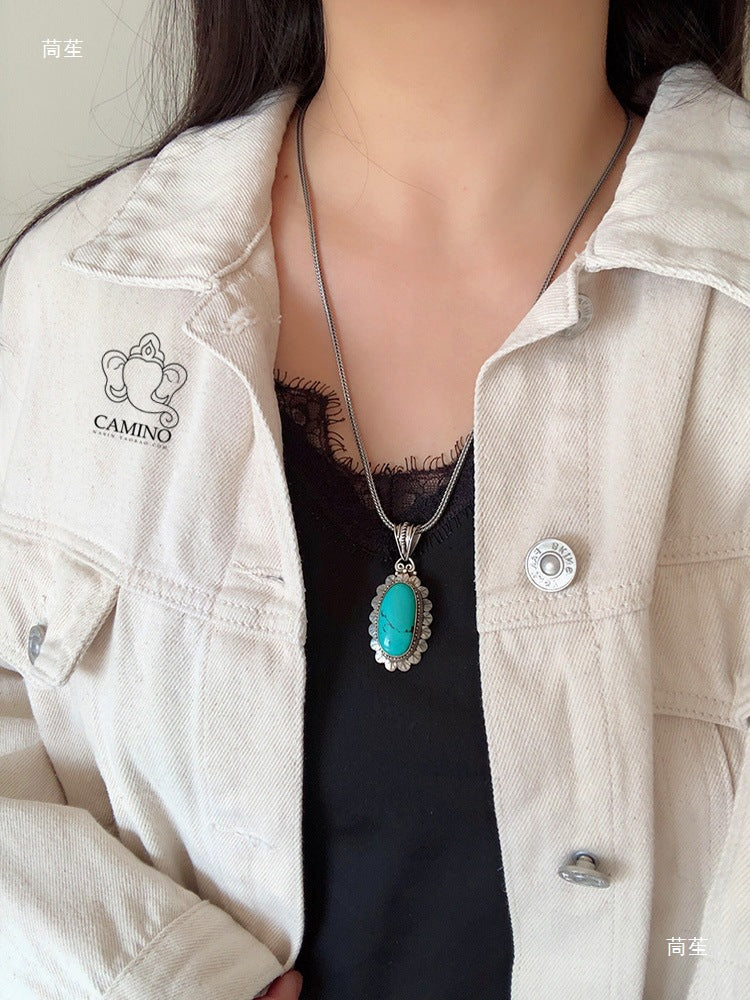 Nepal S925 Sterling Silver Handmade Tibetan Necklace with Turquoise Pendant - ZENHIMA