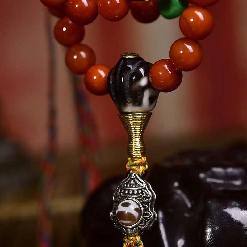 Natural Red Agate Tibetan Necklace with Dzi Beads and Wealth God Cloud Charm - ZENHIMA
