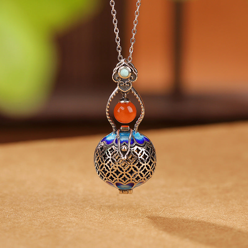 S925 Sterling Silver Hollow Gourd Amulet Pendant with Red Agate and Turquoise - ZENHIMA