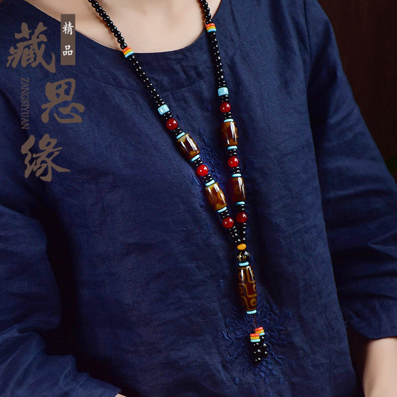 Tibetan Nine-Eyed Dzi Bead Pendant with Prayer Beads - ZENHIMA
