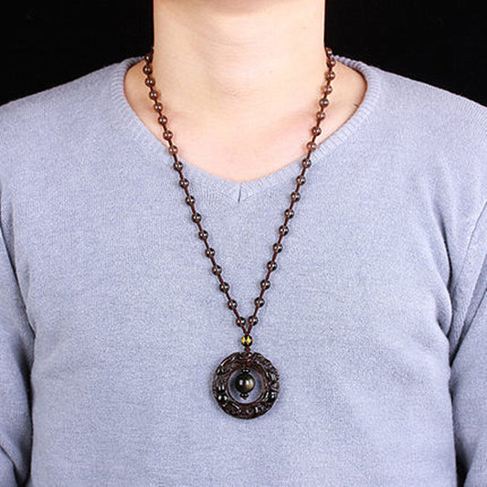 Natural Ice Obsidian Peace Buckle Pendant Double-Sided Engraved Double Pixiu Fortune Circle Pendant Necklace Wholesale - ZENHIMA