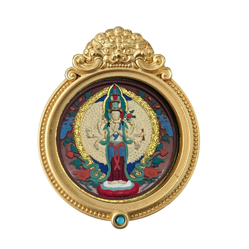ZenHima Hand-painted Zakiram White Tara Mahasthamaprapta Yellow Wealth Rubbing Thangka Pendant - ZENHIMA