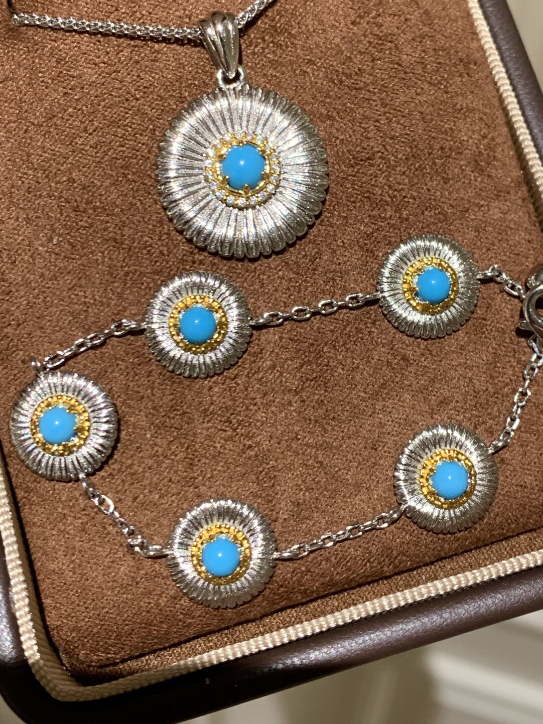 S925 Silver Pendant Necklace with Daisy and Turquoise - ZENHIMA