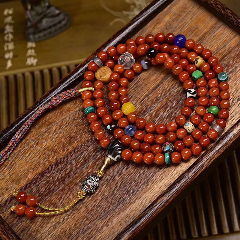 Natural Red Agate Tibetan Necklace with Dzi Beads and Wealth God Cloud Charm - ZENHIMA