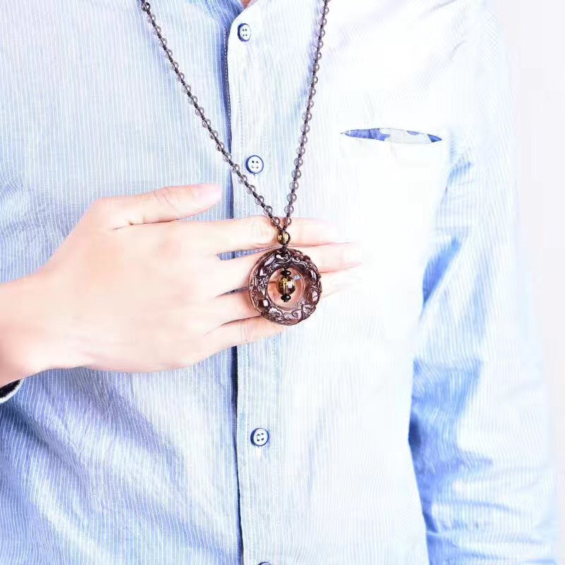 Natural Ice Obsidian Peace Buckle Pendant Double-Sided Engraved Double Pixiu Fortune Circle Pendant Necklace Wholesale - ZENHIMA