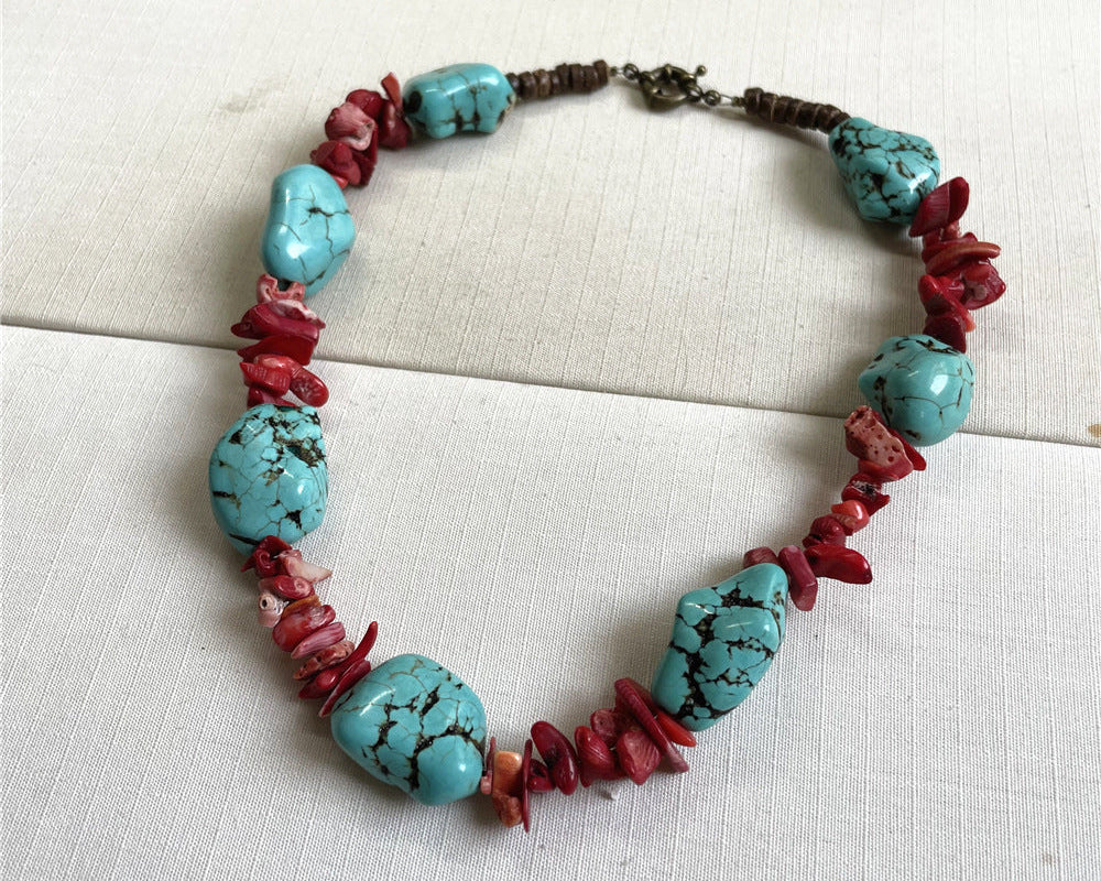 ZenHima Tibetan Natural Turquoise Vintage Necklace with Handmade Red Coral - ZENHIMA