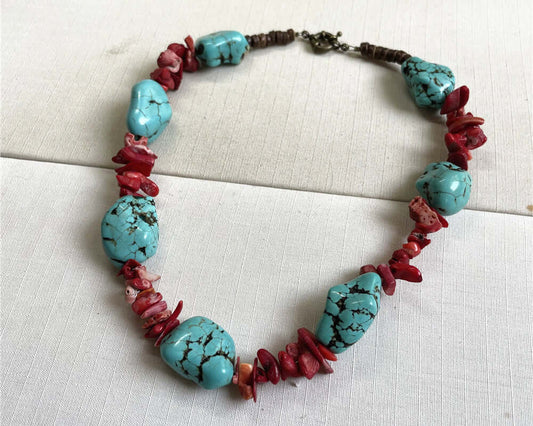 ZenHima Tibetan Natural Turquoise Vintage Necklace with Handmade Red Coral - ZENHIMA