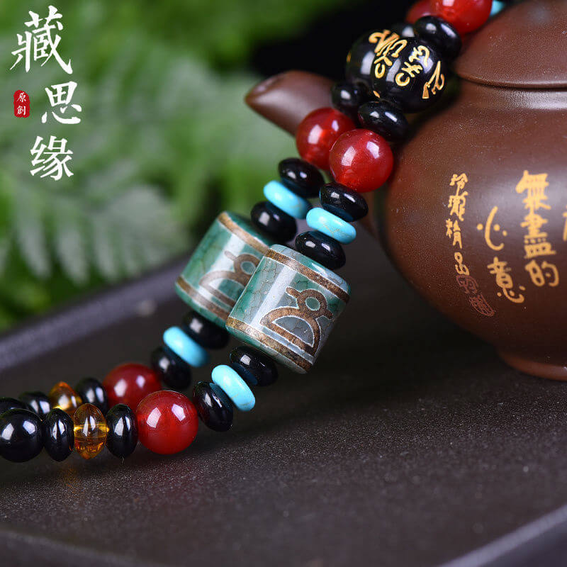 Natural Tibetan Wealth God Dzi Bead Necklace with Agate for Men - ZENHIMA