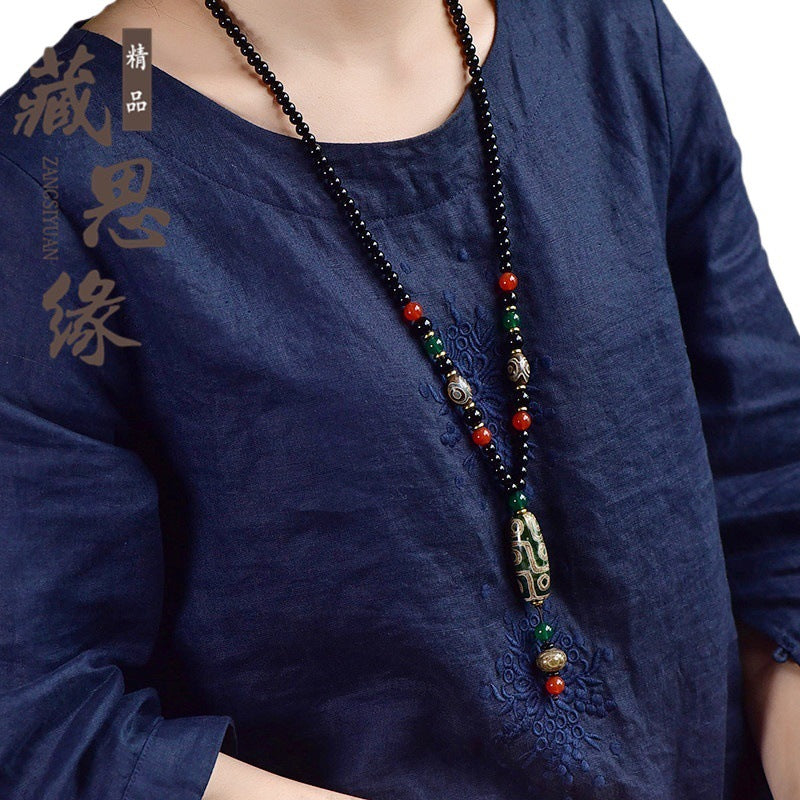 Tibetan Nine-Eyed Dzi Bead Pendant with Prayer Beads - ZENHIMA