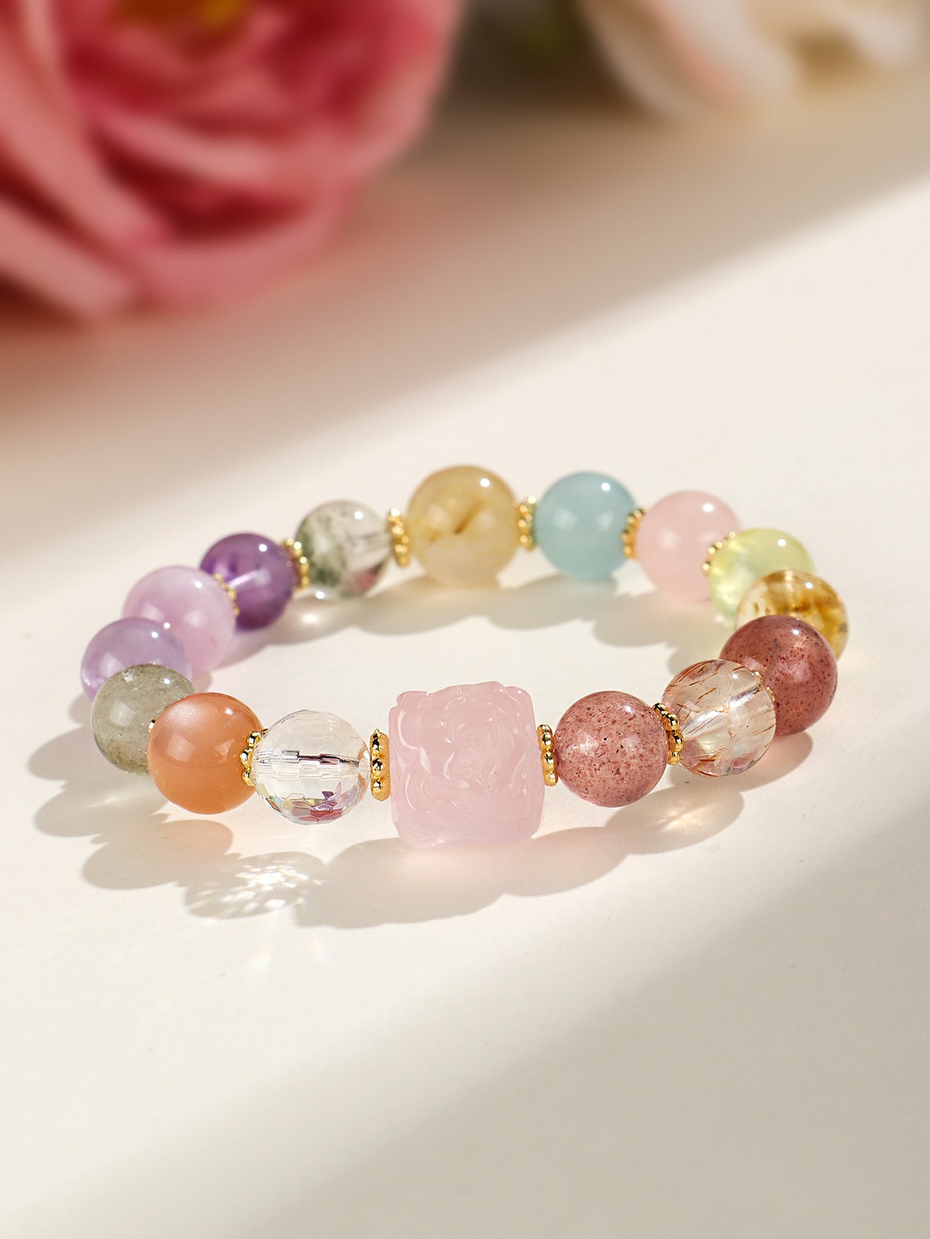 ZenHima Nine-Tailed Fox Amethyst Multi-Gem Beaded Bracelet – Unique Sugar Cube Design - ZENHIMA
