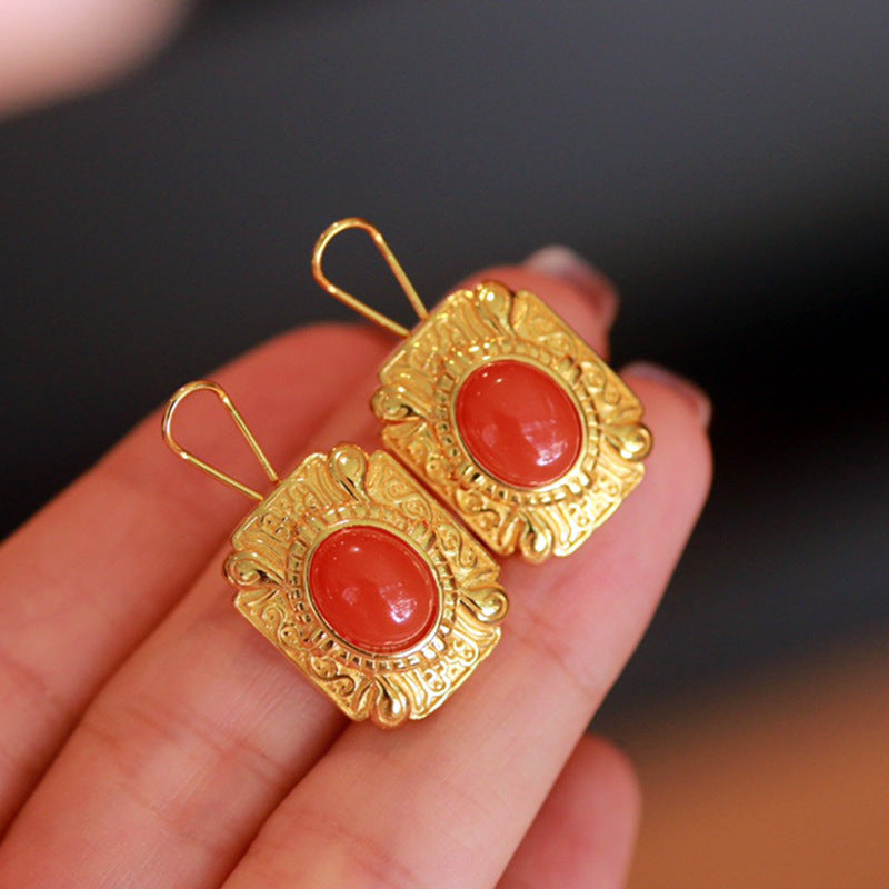 S925 Silver Earrings with Natural Nanhong Agate – Gold-Plated, Classic Elegant Women’s Jewelry - ZENHIMA