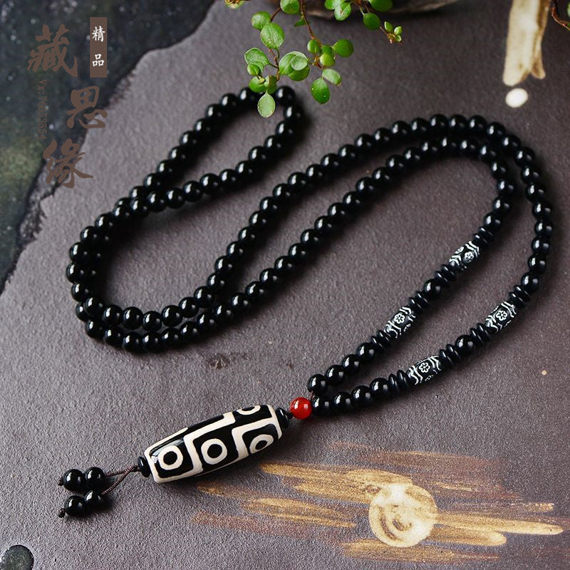 Tibetan Nine-Eyed Dzi Bead Pendant with Prayer Beads - ZENHIMA