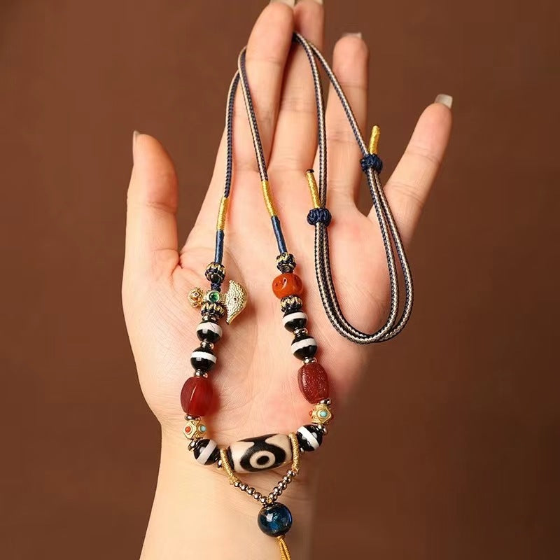 Tibetan Ethnic Style Handwoven Necklace Cord with Agate and Amber Dzi Beads - ZENHIMA