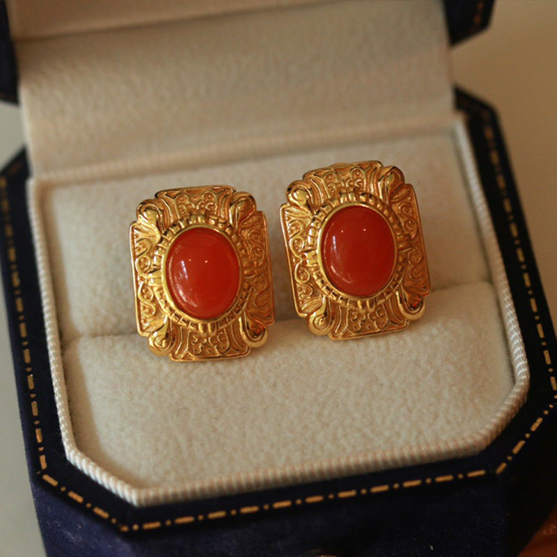 S925 Silver Earrings with Natural Nanhong Agate – Gold-Plated, Classic Elegant Women’s Jewelry - ZENHIMA
