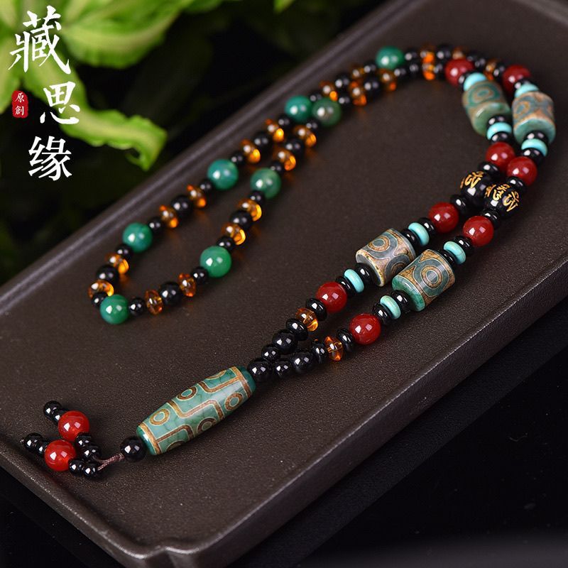 Natural Tibetan Wealth God Dzi Bead Necklace with Agate for Men - ZENHIMA