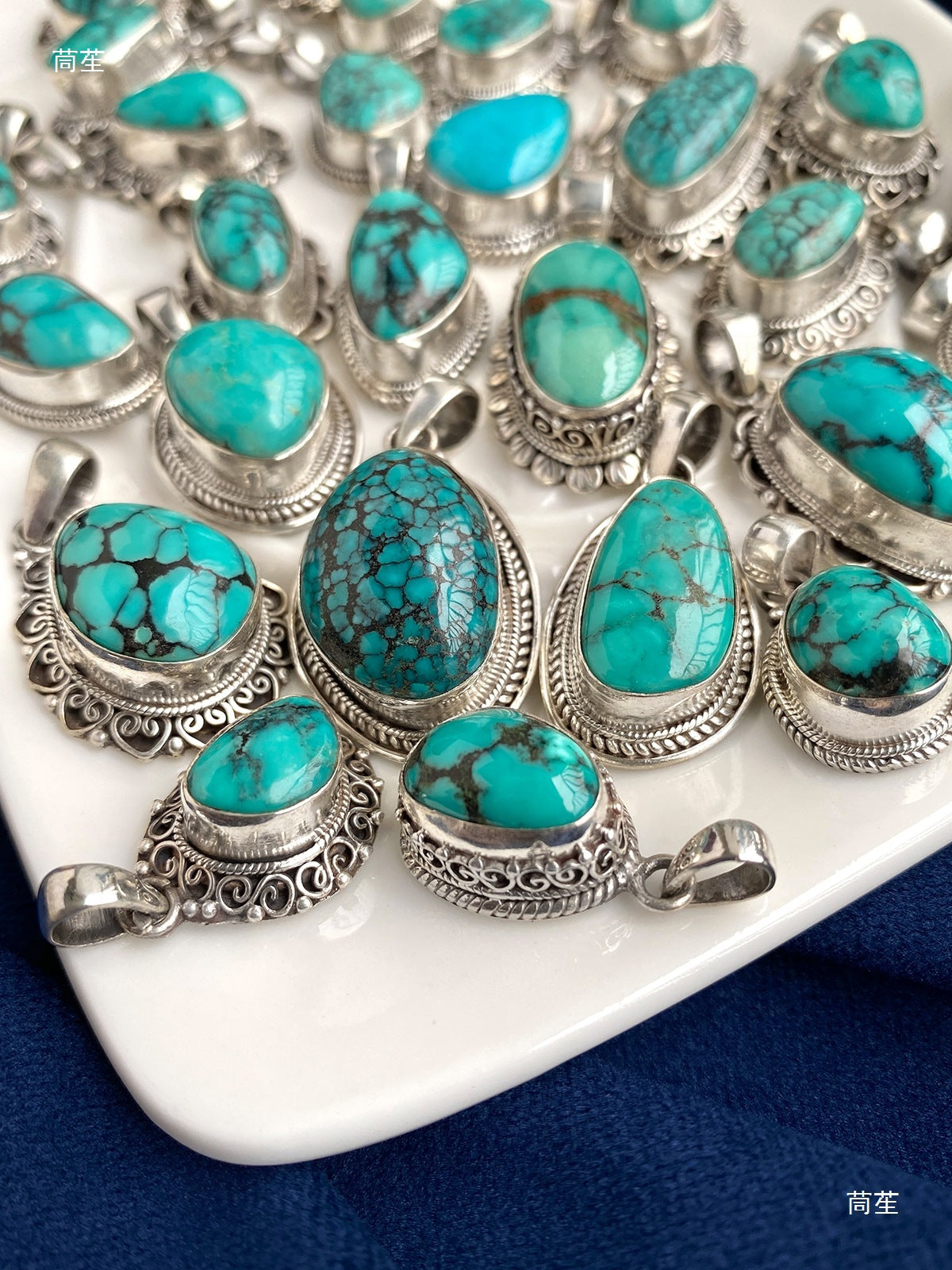 Nepal S925 Sterling Silver Handmade Tibetan Necklace with Turquoise Pendant - ZENHIMA