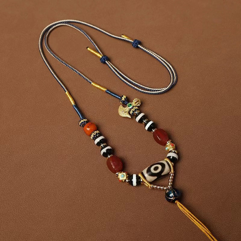 Tibetan Ethnic Style Handwoven Necklace Cord with Agate and Amber Dzi Beads - ZENHIMA