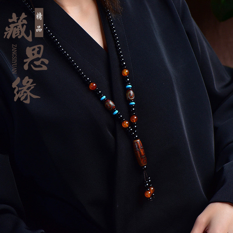 Tibetan Nine-Eyed Dzi Bead Pendant with Prayer Beads - ZENHIMA