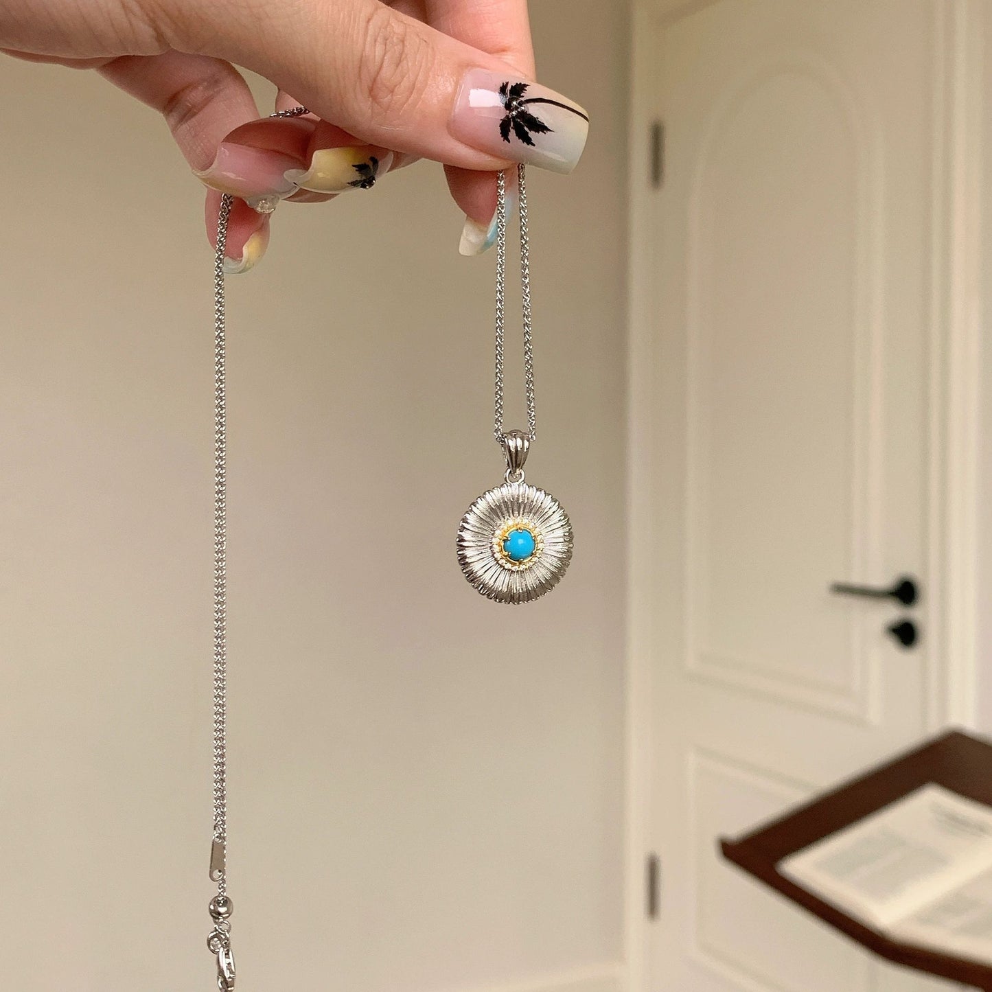 S925 Silver Pendant Necklace with Daisy and Turquoise - ZENHIMA