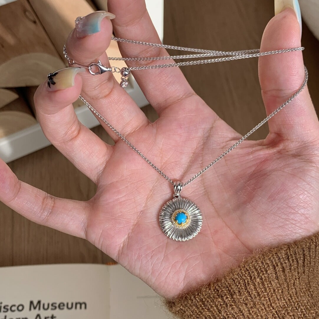 S925 Silver Pendant Necklace with Daisy and Turquoise - ZENHIMA