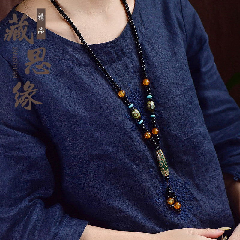 Tibetan Nine-Eyed Dzi Bead Pendant with Prayer Beads - ZENHIMA