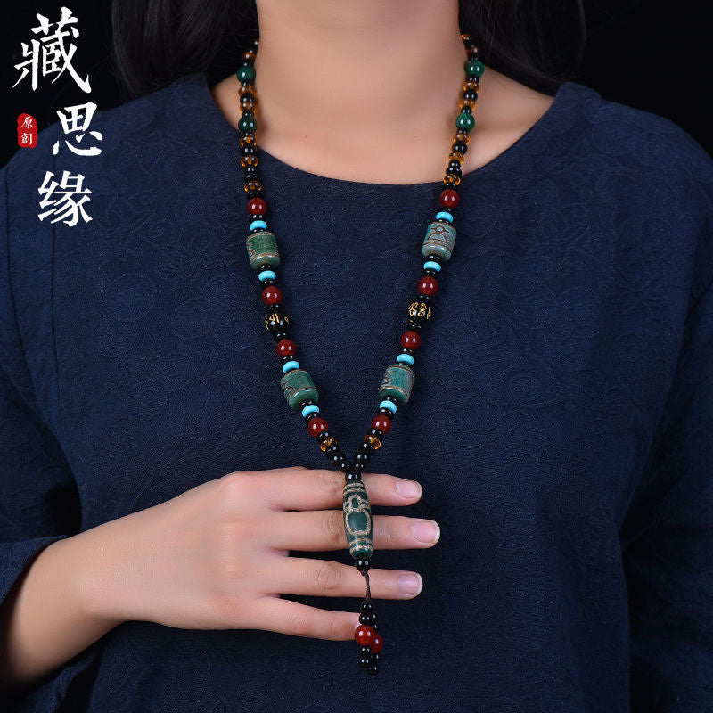 Natural Tibetan Wealth God Dzi Bead Necklace with Agate for Men - ZENHIMA