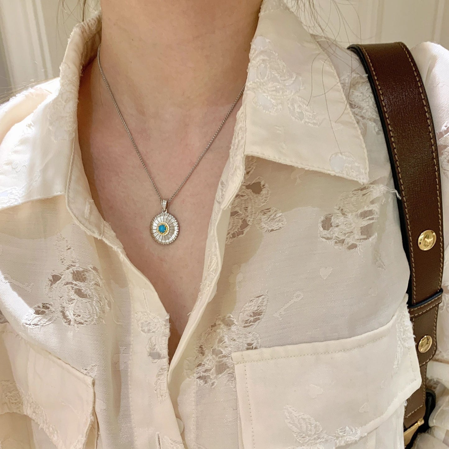 S925 Silver Pendant Necklace with Daisy and Turquoise - ZENHIMA