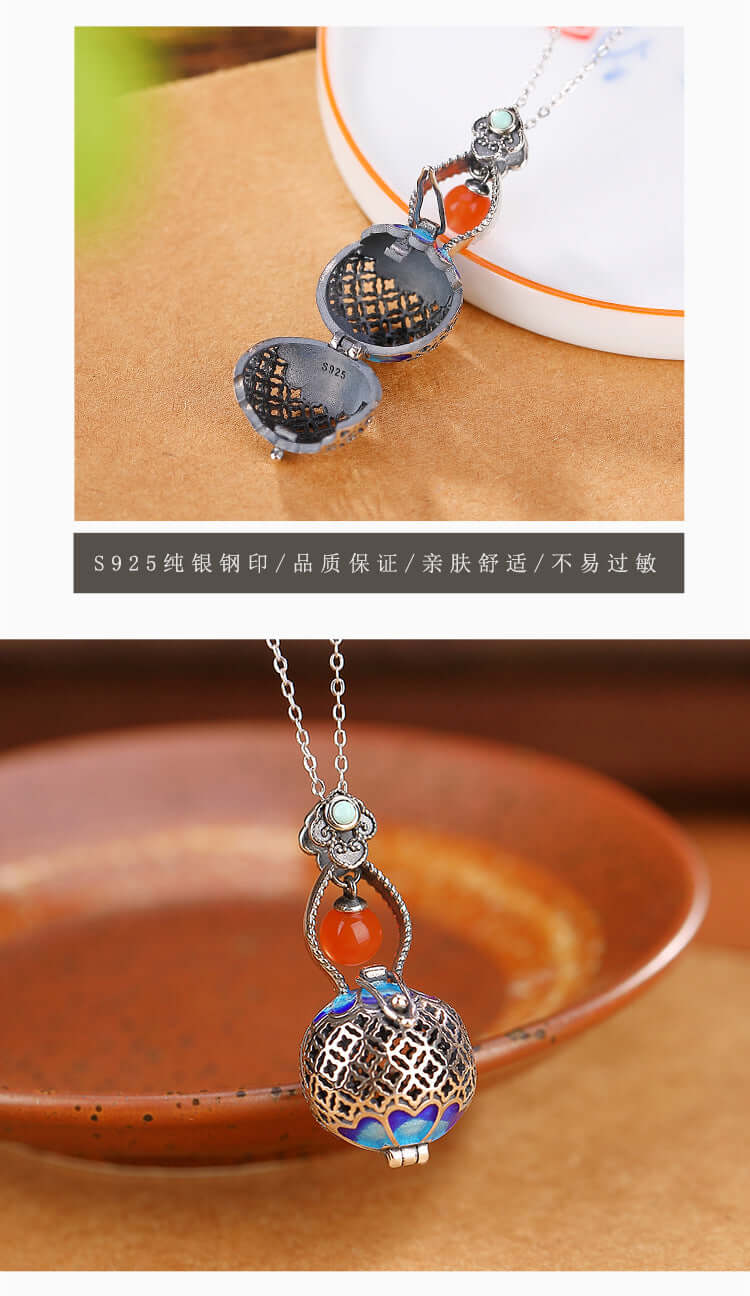 S925 Sterling Silver Hollow Gourd Amulet Pendant with Red Agate and Turquoise - ZENHIMA