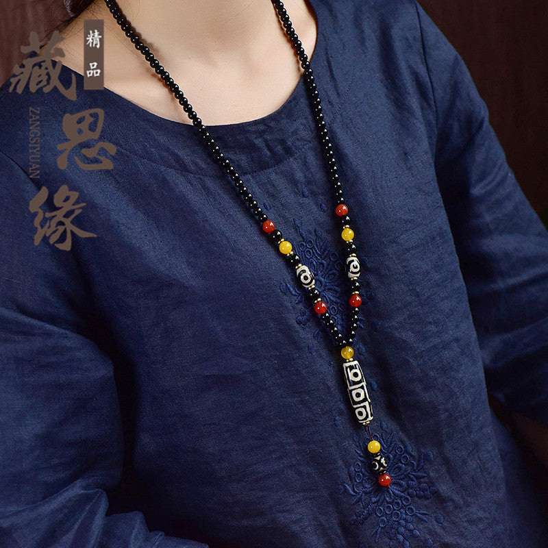 Tibetan Nine-Eyed Dzi Bead Pendant with Prayer Beads - ZENHIMA