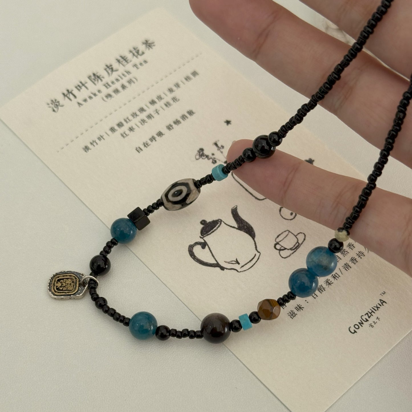 Tibetan S925 Silver Jachiram Pendant Necklace with Apatite, Black Agate and Dzi Beads - ZENHIMA