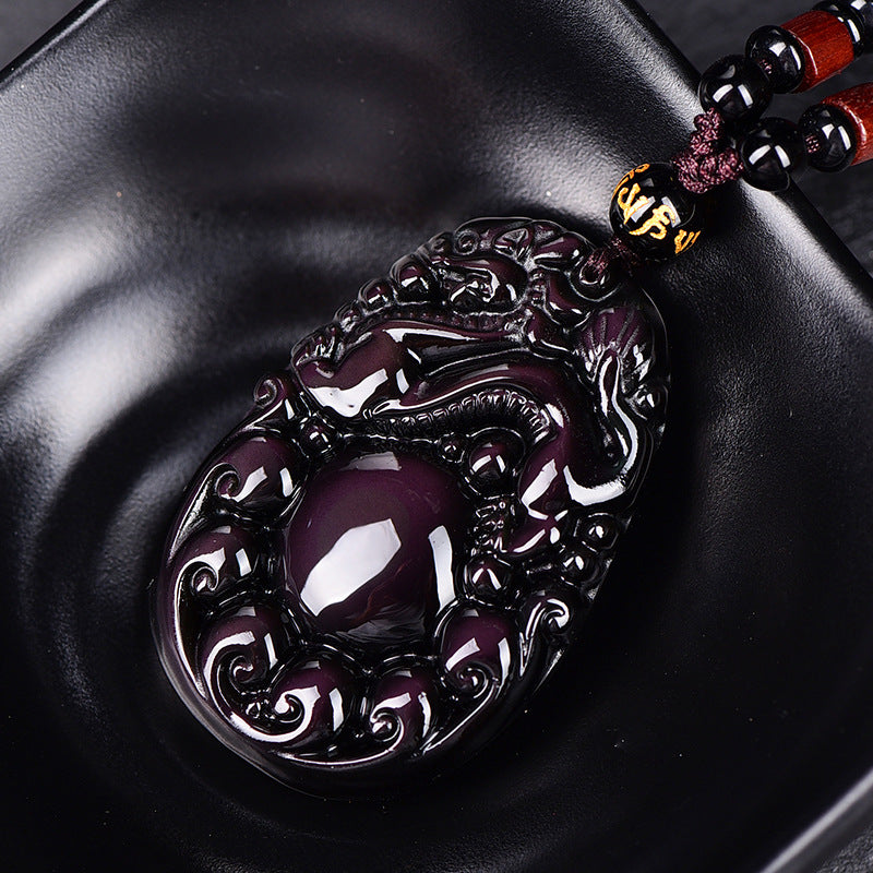 Natural Rainbow Eye Obsidian Dragon Ball Pixiu Pendant Necklace for Men and Women Vintage Trendy - ZENHIMA