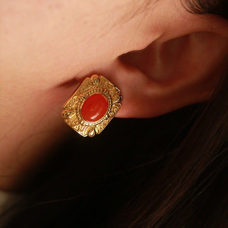 S925 Silver Earrings with Natural Nanhong Agate – Gold-Plated, Classic Elegant Women’s Jewelry - ZENHIMA