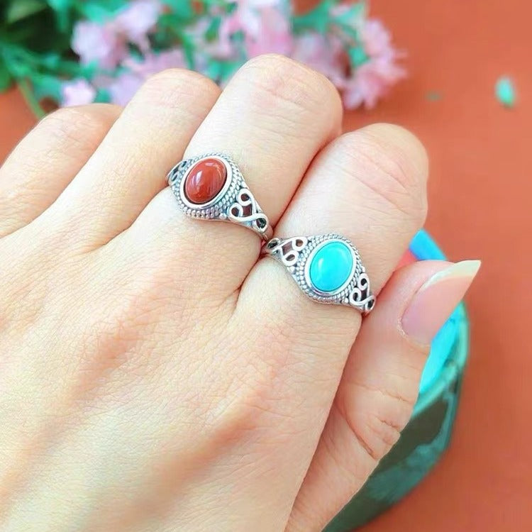 ZenHima 925 Sterling Silver Red Agate and Turquoise Adjustable Vintage Tibetan Ring - ZENHIMA