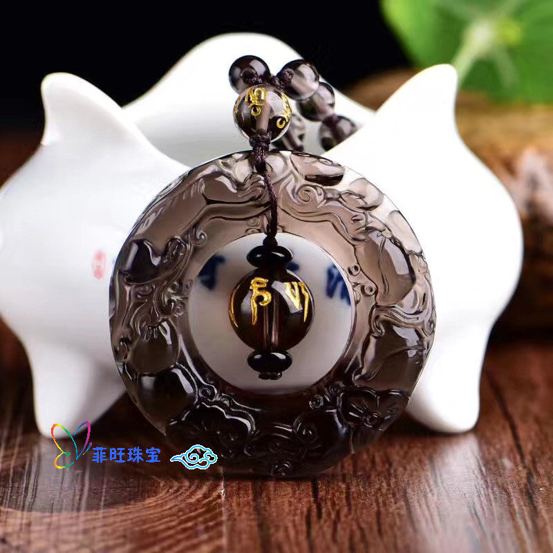 Natural Ice Obsidian Peace Buckle Pendant Double-Sided Engraved Double Pixiu Fortune Circle Pendant Necklace Wholesale - ZENHIMA