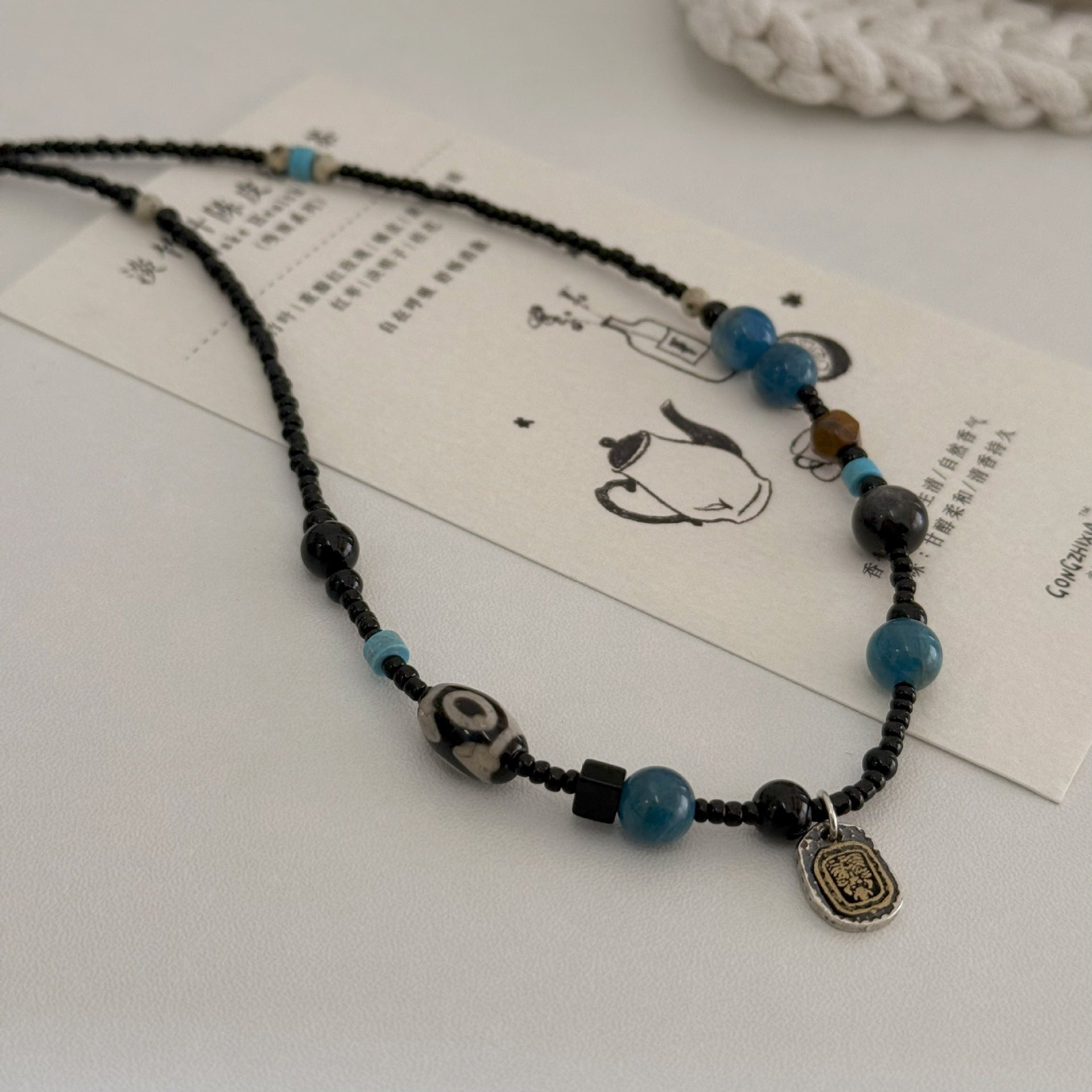Tibetan S925 Silver Jachiram Pendant Necklace with Apatite, Black Agate and Dzi Beads - ZENHIMA