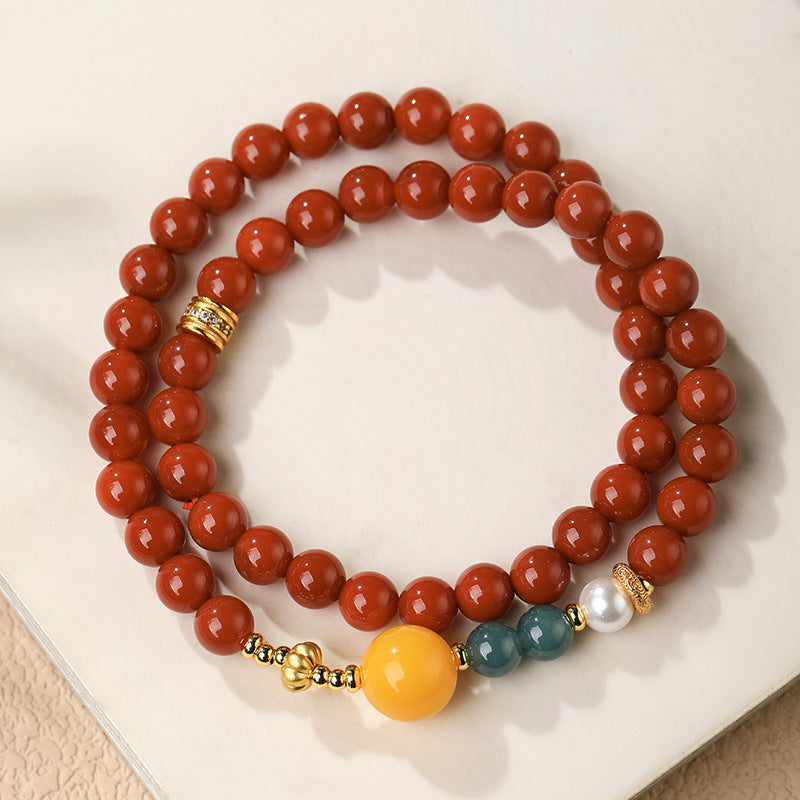 Natural Nanhong Agate Double-Strand Bracelet with Amber & Blue Jade Fortune Beads - ZENHIMA