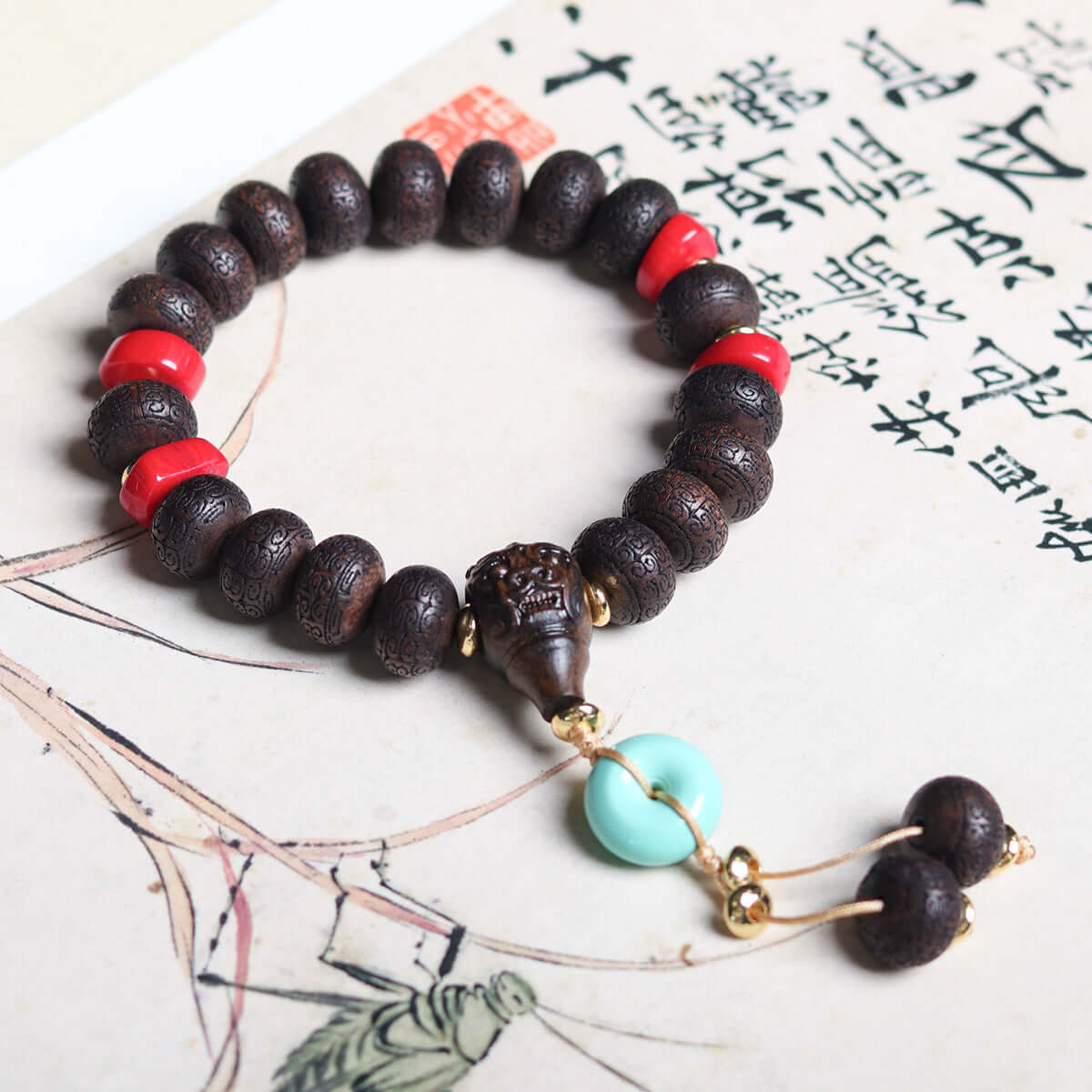 ZenHima Tibetan Hand-Carved Agarwood Bead Bracelet – Spiritual Wooden Mala - ZENHIMA