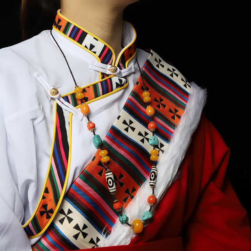 Tibetan Dzi Bead Necklace with Turquoise and Coral – Unisex Tibetan Accessory - ZENHIMA