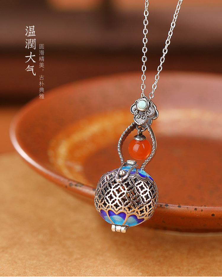 S925 Sterling Silver Hollow Gourd Amulet Pendant with Red Agate and Turquoise - ZENHIMA