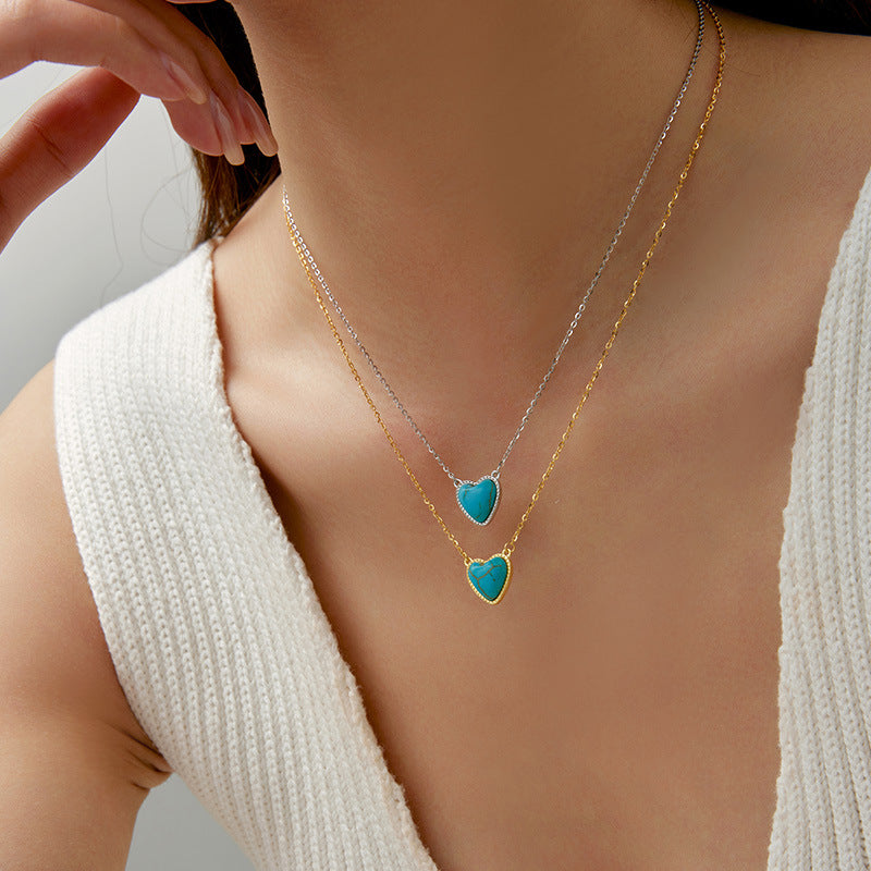 S925 Sterling Silver Turquoise Heart Pendant Necklace - ZENHIMA