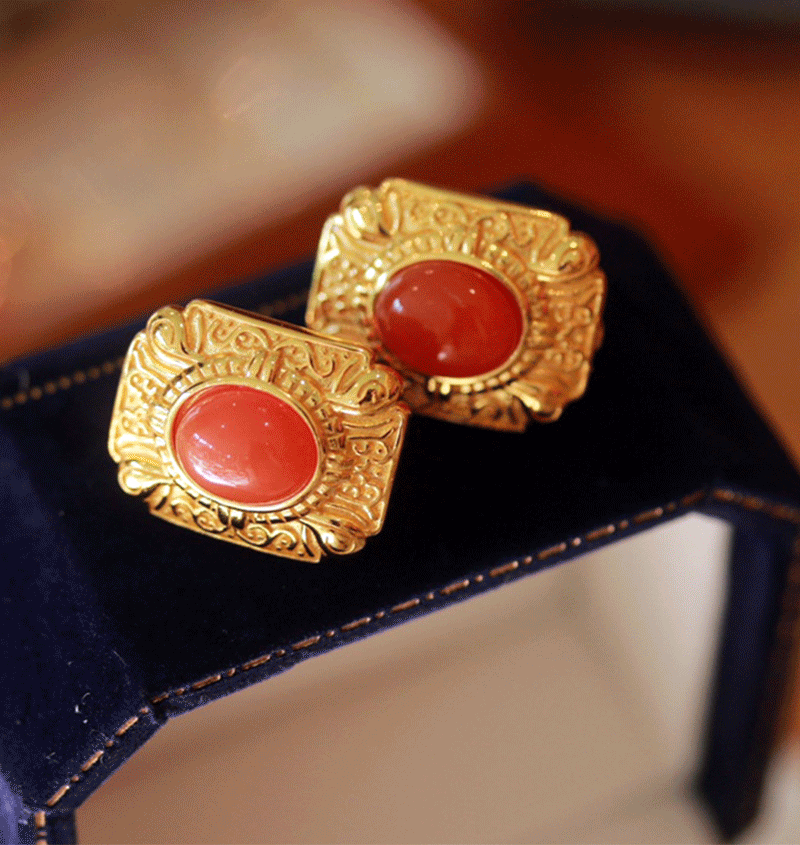 S925 Silver Earrings with Natural Nanhong Agate – Gold-Plated, Classic Elegant Women’s Jewelry - ZENHIMA
