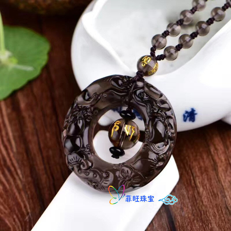 Natural Ice Obsidian Peace Buckle Pendant Double-Sided Engraved Double Pixiu Fortune Circle Pendant Necklace Wholesale - ZENHIMA