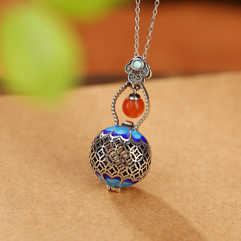 S925 Sterling Silver Hollow Gourd Amulet Pendant with Red Agate and Turquoise - ZENHIMA