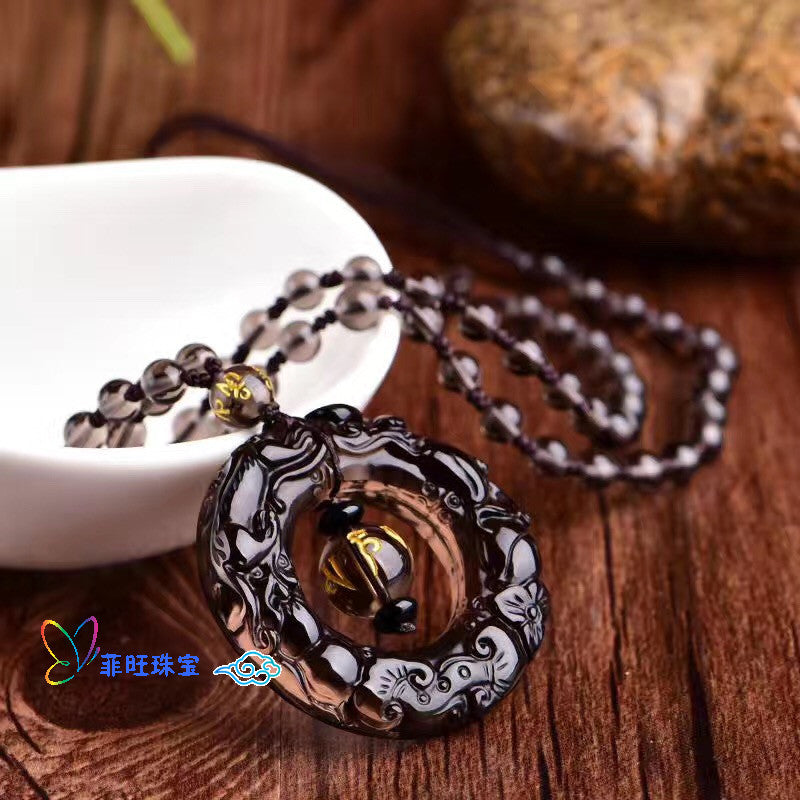 Natural Ice Obsidian Peace Buckle Pendant Double-Sided Engraved Double Pixiu Fortune Circle Pendant Necklace Wholesale - ZENHIMA