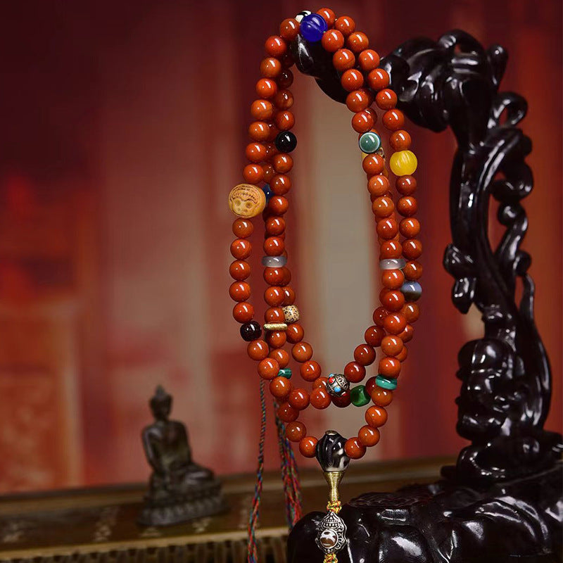 Natural Red Agate Tibetan Necklace with Dzi Beads and Wealth God Cloud Charm - ZENHIMA